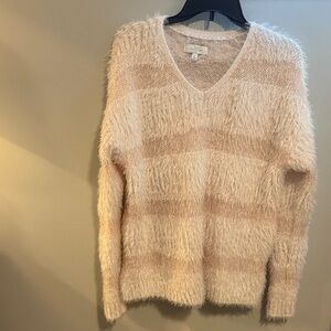 New Directions Cream Fuzzy V-Neck Sweater
